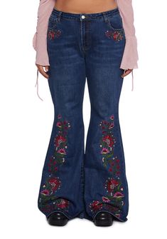 Show off your love of everything floral with these jeans that have a stretchy denim construction, embroidered floral details, front and back pockets, a flared leg silhouette, and a front button and zipper closure. Dolls Kill Jeans, Jeans Patches, Current Mood Clothing, Punk Pants, Dark In Love, Pride Outfit, Patched Jeans, Current Mood, Embroidered Jeans