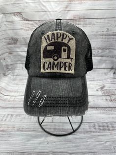 Camping hat, camp season, patch hat, happy camper, ponytail hat, patch hat, home is where we park it, summertime, camp life Raggy Patch trucker hat, custom made patch. Camping style hat (2 options) -Making memories one campsite at a time -happy camper Standard hat & High pony tail options See photos in listing for samples! Option 1: Dark Grey w/ Hot Pink back Option 2: Dark Grey w/ Light Grey back Option 3: Light Grey w/ Blue Stitching Option 4: Dark Grey w/ Tan back Option 5: Camo Green bac Outdoor Trucker Baseball Cap With Letter Patch, Trucker Baseball Cap With Letter Patch For Outdoor, Outdoor Trucker Hat With Letter Patch And Curved Brim, Trucker Baseball Cap With Patches For Outdoor, Trucker Style Baseball Cap With Patches For Outdoor, Outdoor Hats With Letter Patch And Curved Brim, Outdoor Patches Baseball Cap, Outdoor Hats With Curved Brim And Letter Patch, Outdoor Hat With Curved Brim And Letter Patch