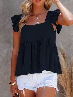 Women's Sleeveless Square Collar Pure Color Top Pure Color, Get The Look, Black N Yellow, Ladies Tops Fashion, Blue Gray, Fabric Care, Casual Chic, Peplum Top, Plus Size Outfits