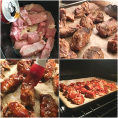 the process of cooking meats and sauces in an oven, then being cooked