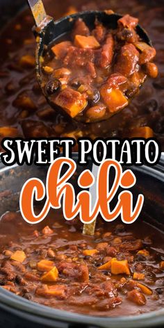 sweet potato chili in a slow cooker with text overlay