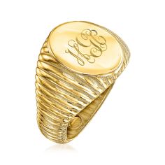 Ross-Simons - Plain - Italian 14kt Yellow Gold Signet Ring Size 6. With such an elegant design, this signet ring is one you'll be able to rely on for a lifetime. The wide band features an eye-catching ribbed design and polished surface. Made in Italy of 14kt yellow gold. 1/2" wide. 14kt yellow gold signet ring. Gold Signet Ring, Wide Bands, Ring Size 7, Signet Ring, Elegant Design, Initials, Ring Size, Monogram, Size 7