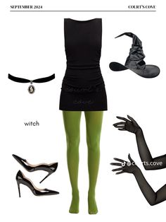 a woman in black dress and green tights with high heeled shoes on her feet