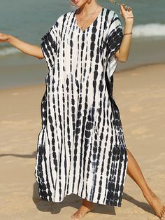 Loose Short Sleeves Printed Split-Side Sun Protection V-Neck Maxi Dresses BLACK WHITE-One_size Casual V-neck Cover-up For Day Out, Black V-neck Beach Dress For Summer, Casual White V-neck Beach Dress, Black V-neck Beach Dress, Casual V-neck Beach Cover-up Dress, Black Maxi Length Cover-up For Summer, Black Maxi-length Cover-up For Summer, Black Maxi-length Summer Cover-up, Black V-neck Beachy Dress