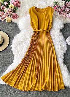 Yellow Pleated A-line Midi Dress, Elegant Yellow A-line Sleeveless Dress, Yellow A-line Sleeveless Dress, Chic Yellow Sleeveless Dress, Yellow Sleeveless Midi Dress For Party, Elegant Yellow Pleated Midi Dress, Yellow Pleated Sleeveless Midi Dress, Elegant Yellow Sleeveless Summer Dress, Chic Yellow Pleated Dress