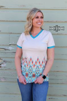 Get ready to fall in love with our Tupelo Tee! Featuring a cute aztec print and a comfortable v-neck, this tee is not only stylish but also true to size. Perfect for any occasion, you'll want to wear it every day. Don't miss out on this must-have wardrobe staple! 95% Polyester & 5% Spandex Sizing chart is in the Pictures Bohemian Cotton V-neck T-shirt, White Bohemian V-neck T-shirt, Fly Outfit, Wild Rag, Aztec Print, Trinidad And Tobago, Wear It, Get Ready, Wardrobe Staples