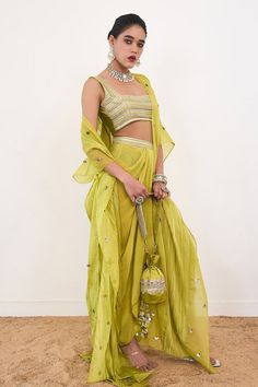 Lime green bustier featuring sequin and lace detailing. Paired with a solid draped skirt and a sequin embroidered cape. - Aza Fashions Draped Skirt Pattern, Sequin Bustier, Cape Set, Green Drapes, Embroidered Cape, Draped Skirt, Cut Work, Skirt Pattern, Blouse And Skirt