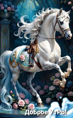 a painting of a white horse with flowers on it's back, in front of a blue background