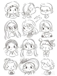 the cartoon faces of children with different expressions and hair styles, all drawn in one line