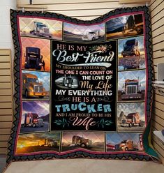 a quilt with pictures of trucks on it and the words, he is my best friend