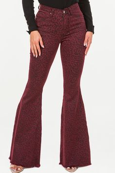 Leopard Print Bell Bottoms Burgundy Denim Lightweight Denim ~ Feels Like Chino/Khaki Material Also Available in Brown & Pine Green 5 Pocket Frayed Hem Front and Back Pockets 10.5" Rise 34/35' Inseam Raw Hem That Can Be Trimmed To Desired Length Made in USA We Recommend You SIZE UP One Full Size! Red Bell Bottoms, Red Bell Bottom Jeans, Red Velvet Bell Bottoms Outfit, Leopard Bell Bottoms, Printed Bell Bottoms, Los Angeles Print, Burgundy Jeans, Leopard Print Stretch Full-length Bottoms, Lace Side