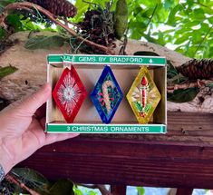 three christmas ornaments in a box on a tree branch