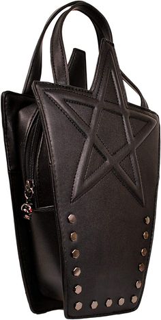 Unleash your inner Goth with the splendid Karma Bag from Lost Queen. Measuring approx. 20cm wide x 23cm tall (excluding handles) x 7cm deep, this versatile little piece has detachable shoulder straps so it can be used as a backpack, alternatively, whip them off & you've got a beautiful handbag! There's 15 hexagonal studs adorning the front plus a padded & stitched outline of a pentagram for added darkness. The main compartment is secured by a zip with a silver skull shaped pull and there's a pou Gothic Crossbody Travel Bag, Gothic Shoulder Bag For Travel, Gothic Shoulder Bag Satchel For Travel, Gothic Rectangular Bags For Everyday Use, Gothic Style Travel Satchel Shoulder Bag, Gothic Rectangular Satchel For Daily Use, Gothic Rectangular Everyday Bags, Alternative Style Shoulder Bag With Adjustable Strap, Gothic Black Bag With Zipper Closure