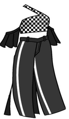 a black and white checkered top with wide pants on the bottom, and a tie around the waist