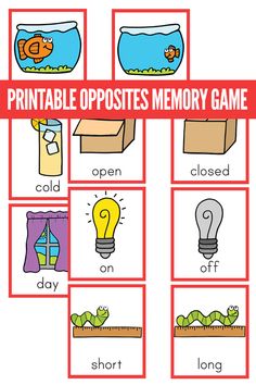 printable opposites memory game for kids to practice their handwriting and spelling skills with pictures