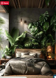 a bed with lots of green plants on the wall