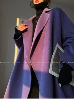 This luxurious Aconiconi Long Double-Sided High-End Full Wool Purple Coat is the epitome of sophistication and elegance. Its boss chic look makes it an ideal statement piece for fashionable, self-assured women. The purple hue gives it a sassy, feminine flair that will inspire you to stay on-trend this fall. Get ready to express your confidence with style. Soft and delicate, with a soft and tough texture Elegant, soft and thick , skin-friendly, high texture, light and not heavy, and warm. Periwin Luxury Purple Notch Lapel Outerwear, Luxury Purple Single-breasted Outerwear, Luxury Purple Workwear Outerwear, Luxury Collared Outerwear For Office, Luxury Chic Long Coat, Elegant Luxury Fall Dresses, Womens Purple Jacket, Cheap Lavender Fall Outerwear, Luxury Feminine Women's Outerwear