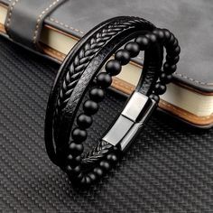 Leather Bracelet With Black Band, Leather Bracelet With Black Band As Fashion Accessory, Black Band Leather Bracelet, Trendy Black Leather Bracelet, Trendy Black Bracelets As Fashion Accessory, Trendy Black Bracelets, Casual Black Beaded Bracelets, Black Faux Leather Jewelry As Fashion Accessory, Trendy Black Metal Beaded Bracelets