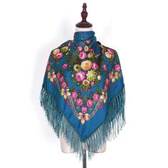 Scarf Shawls Women Fringed Square Bandana Headscarf National Floral Blanket Scarves 110x110cm Embroidered Multicolor Shawl Scarf, Blue Bohemian Embroidered Scarves, Traditional Silk Scarf For Spring, Blue Bohemian Shawl For Festivals, Multicolor Silk Shawl For Festival, Blue Festival Scarf, Traditional Shawl For Spring, Traditional Spring Shawl, Traditional Multicolor Scarves One Size