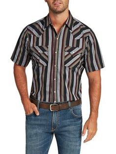 Kick back and keep it casual, cowboy, with the Ely Cattleman Men's Stripe Short-Sleeve Snap-Front Shirt. This short sleeve stripe shirt features all the classic western detailing, from the traditional yokes to front flap pockets and pearl snaps. It's made from a blend of 65% polyester/35% cotton. 65% Poly 35% Cotton Easy Care Fabric Pearlized Snaps Western Pockets Western Yokes Pocket Pencil Slot Western Short Sleeve Shirt With Button Closure, Western Style Cotton Shirt With Short Sleeves, Western Short Sleeve Tops With Button Closure, Fitted Short Sleeve Shirt For Rodeo, Western Style Short Sleeve Shirt For Rodeo, Summer Rodeo Shirt With Pockets, Casual Short Sleeve Shirt For Ranch, Mens Striped Shorts, Striped Short Sleeve Shirt