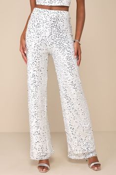 White Sequin Jumpsuit - Two-Piece Jumpsuit - Shiny Jumpsuit - Lulus Sequin Fabric With Rhinestones For Party, Glamorous Sparkling Sequin Fabric For Holiday Party, Silver Shimmer Bottoms For Party, Silver Embellished Fitted Bottoms, Glamorous Silver Sequin Fabric For Night Out, Silver Glamorous Sequin Fabric For Night Out, Sparkling Sequin Fabric For Disco, Glamorous Silver Shimmer Bottoms, Glamorous Metallic Silver Party Bottoms