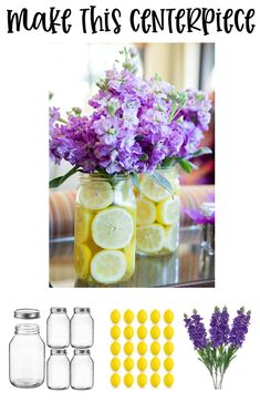 mason jars filled with lemons and purple flowers