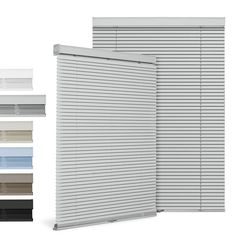 two white blinds with different colors and sizes are shown in front of the same color