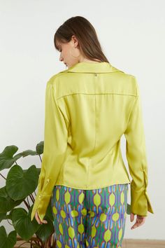 Neon Lime Green satin chemise shirt Top Trend: Neon Lime Green Made in ITALY Size M Silk Party Top With Collar, Chic Satin Top With Spread Collar, Fitted Satin Shirt With Spread Collar, Spring Party Shirt With Spread Collar, Chic Silk Tops With Lapel Collar, Chic Party Shirt With Spread Collar, Satin Spread Collar Top For Work, Satin Tops With Spread Collar For Workwear, Satin Top With Spread Collar For Work