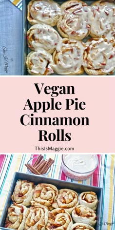 vegan apple pie cinnamon rolls in a baking pan on a striped tablecloth with text overlay