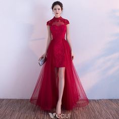 Chinese style Hall Formal Dresses 2017 Party Dresses Burgundy A-Line / Princess Asymmetrical High Neck Short Sleeve Backless Lace Appliques Pearl Sequins Asymmetrical Evening Dress For Summer Weddings, Asymmetrical Summer Evening Dress For Wedding, Strapless Party Dress With Detachable Train, Evening Dress With Detachable Train For Prom, Party Evening Dress With Detachable Train For Prom, Summer Party Evening Dress With Sweep Train, Fitted High Low Prom Dress, Summer Wedding Evening Dress With Asymmetrical Hem, Asymmetrical Hem Evening Dress For Summer Weddings