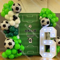 balloons and soccer balls are arranged in the shape of numbers 6, 8, 9