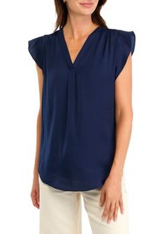 Fluttery sleeves add instant feminine charm to this V-neck blouse from Vince Camuto. | Vince Camuto Women's Flutter Sleeve V-Neck Blouse, Navy Blue, Small V Neck Blouse, Flutter Sleeve, Vince Camuto, Womens Clothing Tops, Top Blouse, Navy Blue, V Neck, Navy, Clothes For Women