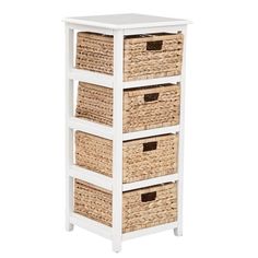 three wicker baskets are stacked on top of each other in this white shelf unit