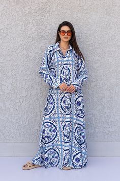 Beautiful Blue Print Kaftan Dress Caftans for Women Boho - Etsy Egypt Eid Ikat Print Dress, Vacation Ikat Print Maxi Dress, Floral Print Maxi Kaftan For Eid, White Printed Long Sleeve Kaftan, Printed Kaftan For Eid, Eid Long Sleeve Printed Maxi Dress, Eid Beach Maxi Dress With Long Sleeves, Flowy Long Sleeve Kaftan For Eid, Long Sleeve Kurta For Eid Vacation