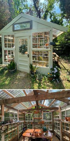 the inside and outside of a greenhouse with plants growing in it's windows, on top