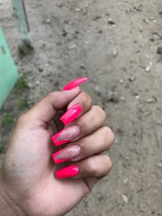 Hot Pink Graduation Nails, Hot Pink With Glitter Nails, Nails Acrylic Neon Pink, Hot Pink Acrylic Nails With Rhinestones, Neon Pink Glitter Nails, Hot Pink Nails Acrylic Design, Hot Pink Nail Ideas Acrylic, Hot Pink Nails With Gems, Hot Pink Nails With Design Neon