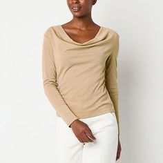 Crafted in a draped silhouette from a glittery golden stretch fabric, this women's Worthington blouse lends effortless elegance to an evening look. It has a cowl neck and long fitted sleeves. Pair it with tailored pants or jeans.Closure Type: Pullover HeadFit: Regular FitNeckline: Cowl NeckSleeve Style: Fitted SleeveApparel Length: 24 InchesFiber Content: 62% Rayon, 19% Nylon, 13% Metallic, 6% SpandexFabric Description: RibCare: Machine Wash, Tumble DryCountry of Origin: Imported