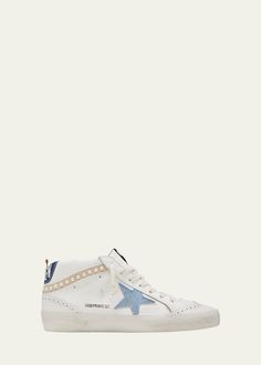 Golden Goose Mid Star Denim Wing-Tip Sneakers Golden Goose Mid Star, Golden Goose Mid, Leather And Denim, Preppy Shoes, Shoe Wishlist, Mid Top Sneakers, Golden Goose Sneakers, Girly Shoes, Golden Goose Shoes