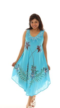 "Build a boho-chic look in no time with this flowing tropical midi sundress adorned with a floral paintbrush print, a scoop neckline, and a curved hem for a dash of extra flair. This dress is made with rayon fabric and is lightweight, relaxed fitting, endlessly flattering, and perfect for comfortable casual summer wear. It can be used as a beach cover-up. This beach-ready summer sundress is perfect for lounging around the house, traveling, lounging by the pool, strolling along the boardwalk, and Bohemian Sleeveless Beach Dress With Tropical Print, Summer Printed Sundress As Beach Cover-up, Summer Printed Sundress For Beach Cover-up, Summer Sundress Printed For Beach Cover-up, Summer Printed Sundress For Beach, Printed Sundress For Summer Beach Cover-up, Bohemian Sleeveless Maxi Dress With Tropical Print, Printed Midi Length Sleeveless Dress For Beach, Printed Midi Sleeveless Dress For Vacation