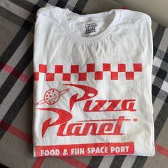 Pizza Planet T Shirt Never Worn No Tags White Crew Neck Shirt With Logo Print, White Print Crew Neck Shirt With Logo, Pizza Planeta, Pizza Planet, Disney Shirts, Shirt Color, Planets, Red White, Colorful Shirts