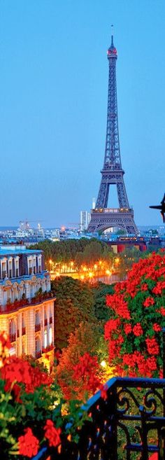 the eiffel tower is lit up at night in paris, with flowers and trees around it