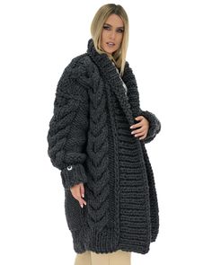 The ultimate knitwear staple, this long-line, chunky cardigan, will add tactile allure to cold-weather ensembles. It has dropped shoulders with cable pattern sleeves and a dreamy embroidery at the back, for a statement look. The relaxed, slightly oversized fit makes it ideal for layering with your cosiest pieces. This is a 100% Handmade piece in Greece.  Please note that this unique item is being knitted by order (after you place your order) and it is a one-size, oversized, heavy knit.  Our mode Balloon Sleeve Cardigan, Ribbed Scarf, Mum Fashion, Cable Pattern, Chunky Scarves, Cold Weather Fashion, Chunky Cardigan, Sleeveless Cardigan, Heavy Knit