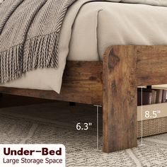 the bed frame is made out of wood and has storage space underneath it for books