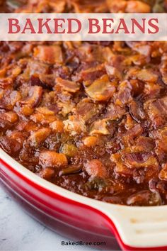 baked beans in a red casserole dish with text overlay