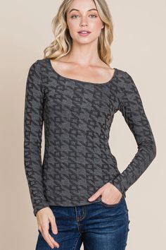 Upgrade your basic long sleeve game with this unique textured pattern top in grey. Perfect for layering, the subtle pattern adds an extra touch of style without being too flashy. Keep it playful with this one-of-a-kind piece! Model is 5'10" and wearing her true size Small. Small: Bust 14", Length 20" 78% Polyester, 18% Rayon, 4% Spandex. Subtle Pattern, Basic Long Sleeve, Denim Jumpsuit, Cardigan Tops, Bottom Clothes, Top Pattern, Small Bust, Textures Patterns, Bottoms Pants