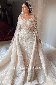 Luxury Lace Long Sleeve Overskirt Wedding Dress Long Sleeve Wedding Dress With Overskirt, Pearl Wedding Dresses, Mermaid Base, Overskirt Wedding Dress, Long Sleeve Satin Wedding Dress, Long Sleeve Wedding Dress Lace Mermaid, Mermaid Wedding Dress With Sleeves, Plus Size Wedding Dresses With Sleeves, Detachable Train Wedding Dress