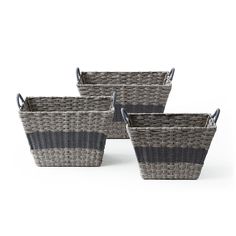 three grey and black baskets with handles