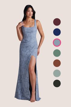 a woman in a blue dress standing next to color swatches and the image shows her legs