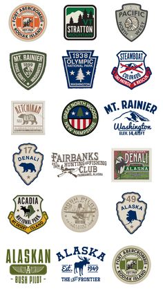 many different types of badges and stickers on a white background with the words alaska