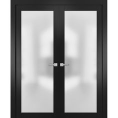 an open black double door with frosted glass